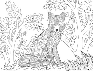 Zentangle stylized fox in fantasy forest