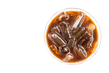 Closeup top view ice of americano on white background