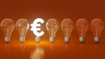 Luminous euros sign with light bulbs. rendering 3D