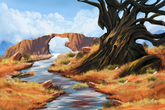 Stone Bridge, River, and Tree. Video Game's Digital CG Artwork, Concept Illustration, Realistic Cartoon Style Background
