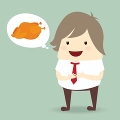 fat businessman is thinking want to eat roast chicken, business