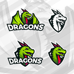 Dragon logo template. Sport mascot design. College league insignia, Asian beast sign, Dragons illustration, School team vector.