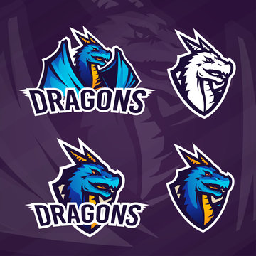 Creative Dragon Logo Template. Sport Mascot Design. College League Insignia, Asian Beast Sign, School Team Vector