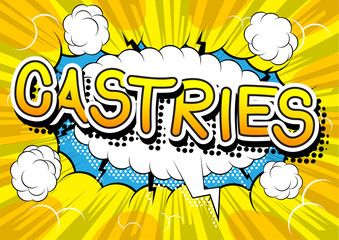 Castries - Comic book style text on comic book abstract background.