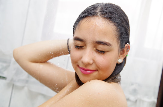 Headshot Young Woman Showering