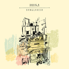 Houses and daily life in Dhaka, Bangladesh, Asia.  Vintage hand drawn postcard