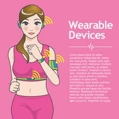 running woman and wearable devices, vital sign sensor and wireless communication, cartoon illustration