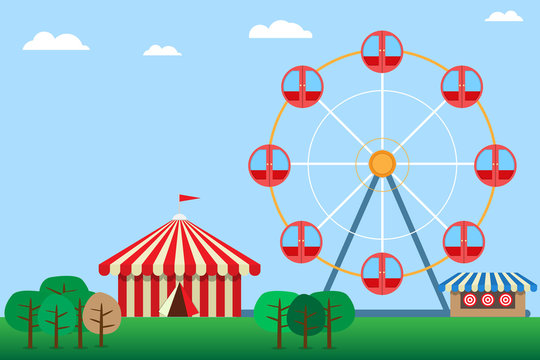 amusement park and circus tent with ferris wheel in carnival fai