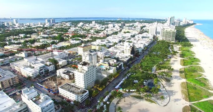 Aerial video of South Beach, Miami Beach. Amazing bird's view on most famous beach. 4K video.