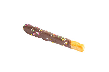 Cocolate covered stick on white background.