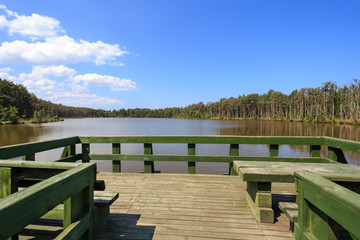 Viewing platform on lake Dolgie Male in the Slowinski National Park, near village Rowy on polish baltic coast