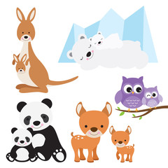Vector illustration of animal and baby including kangaroo, polar bear, owl, panda and deer.