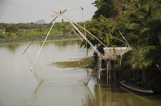 View landscape of fishing lift and dip net machine in canal at B