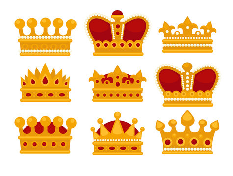 Set of gold crown flat icons.