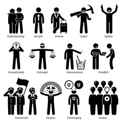 Positive Neutral Personalities Character Traits. Stick Figures Man Icons. Starting with the Alphabet U.