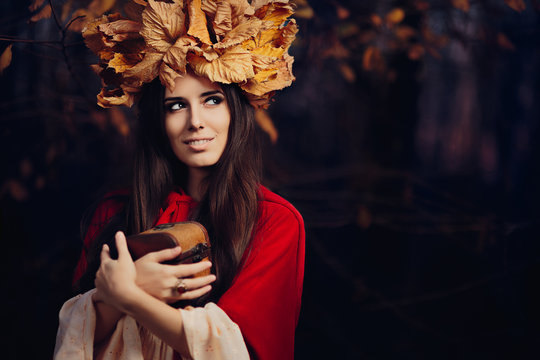 Woman With Autumn Leaves Crown with Treasure Box