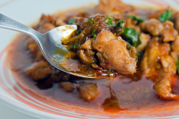 Fried chicken with oyster sauce filled with vegetables and herb