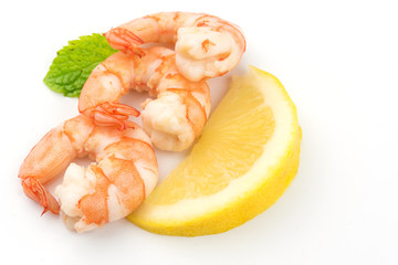 Shrimps with lemon slice . Prawns on  White Background .Shrimps Seafood