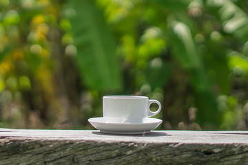Retro style or Vintage Style,  Coffee cup Put on a stump or wood table in the garden sunny morning.