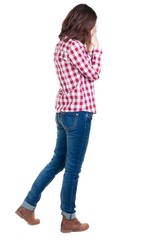 Back view of shocked woman in checkered shirt. girl hid his eyes behind his hands.  Rear view people collection.  backside view of person.  Isolated over white background.