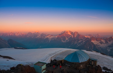 Mountain summer. Sunset. Elbrus. Snow and glacier