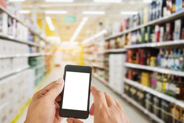 Hand man holding smart phone on shopping mall