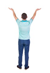 Back view of Beautiful man in jeans looking at wall and Holds  hand up.  young brunette standing. Rear view people. Isolated over white background. 