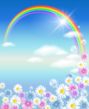 Rainbow in sky clouds with flowers