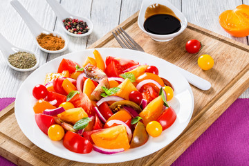 tasty tomato salad with red onion, mint leaves on white dish