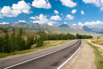 Countryside road in the valley. Altay mountains.