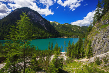 Fototapeta na wymiar Amazing view of Braies Lake (Lago Di Braies, Pragser Wildsee) in Northern Italy