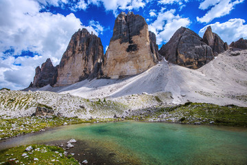 Tre Cime (Three Peaks) di Lavaredo - Famous Mountains in Dolomites, North Italy
