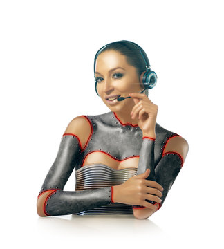 Beautiful cyber support phone operator on white background