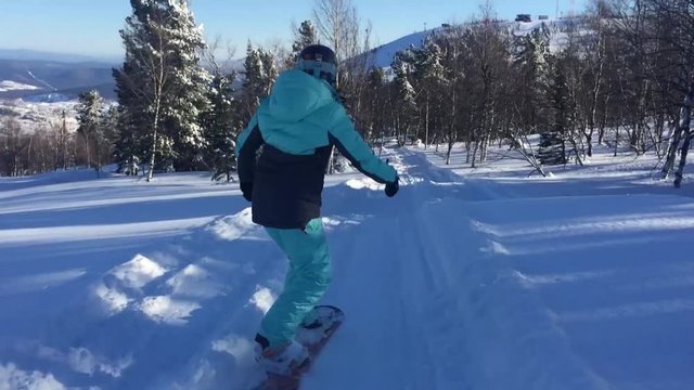 Snowboarder Slides In Mountain In Winter Day