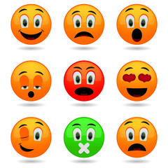 Set of Emoticons. Smile icons. Smiley faces. Emotional funny faces in glossy 3D. Isolated on white background. 