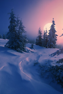 Moon rise in a Carpathian mountain valley