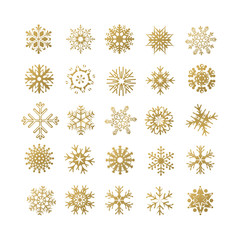 Collection of golden snowflakes on a white background