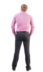 back view of business man  in red shirt looks ahead. Young businessman watching.   Rear view people collection.  backside view of person.  Isolated over white background. office worker with a sports