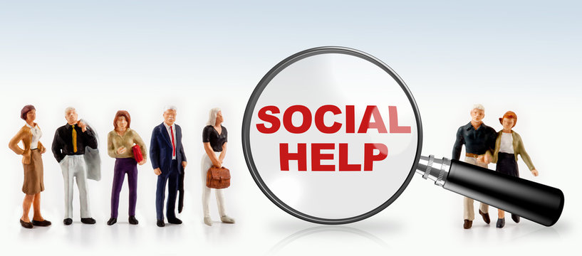 people with the word social help in a magnifying glass -  social help  concept