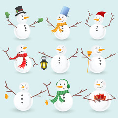 Winter christmas snowmans collection. Vector illustration.