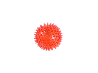 Small red bouncy ball on white background.