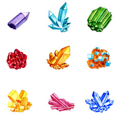 watercolor minerals, gems,crystals
