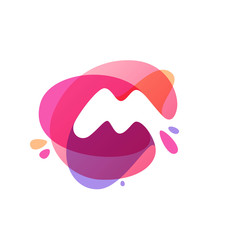 Letter M logo at colorful watercolor splash background.