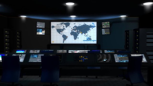 Computer generated, Artist rendering, high-tech command center room.	