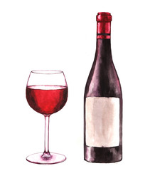 Hand-drawn watercolor illustration of the wine bottle and one glass of red wine. Drawing isolated on the white background