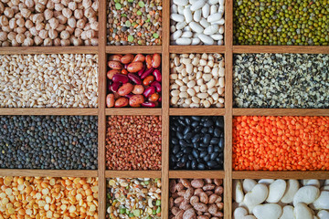 Collection assorted of lentils, beans, peas, grain, groats, soybeans