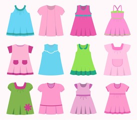 Set of different children's dresses for baby girls. Vector illus