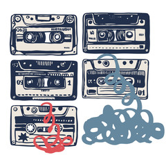 Vector with vintage cassettes, tapes, old music.