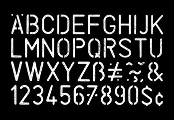 Fototapeta na wymiar Full grunge style stencil alphabet and number on black background