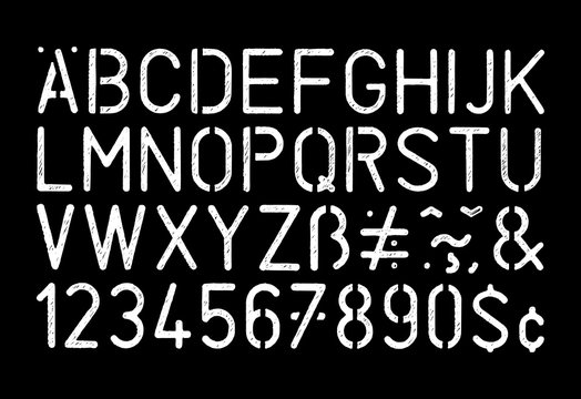 Full grunge style stencil alphabet and number on black background